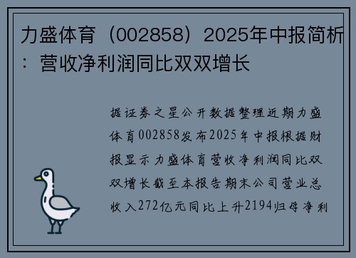 力盛体育（002858）2025年中报简析：营收净利润同比双双增长